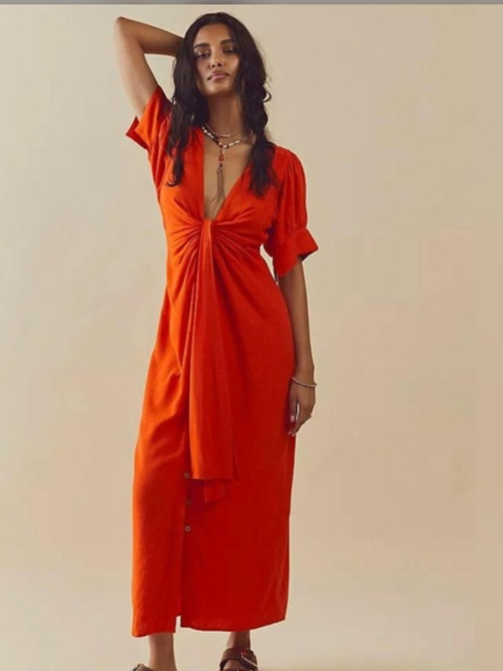 Free People Rare Feelings Midi Maxi Dress Red Linen Blend Short Sleeve Size M